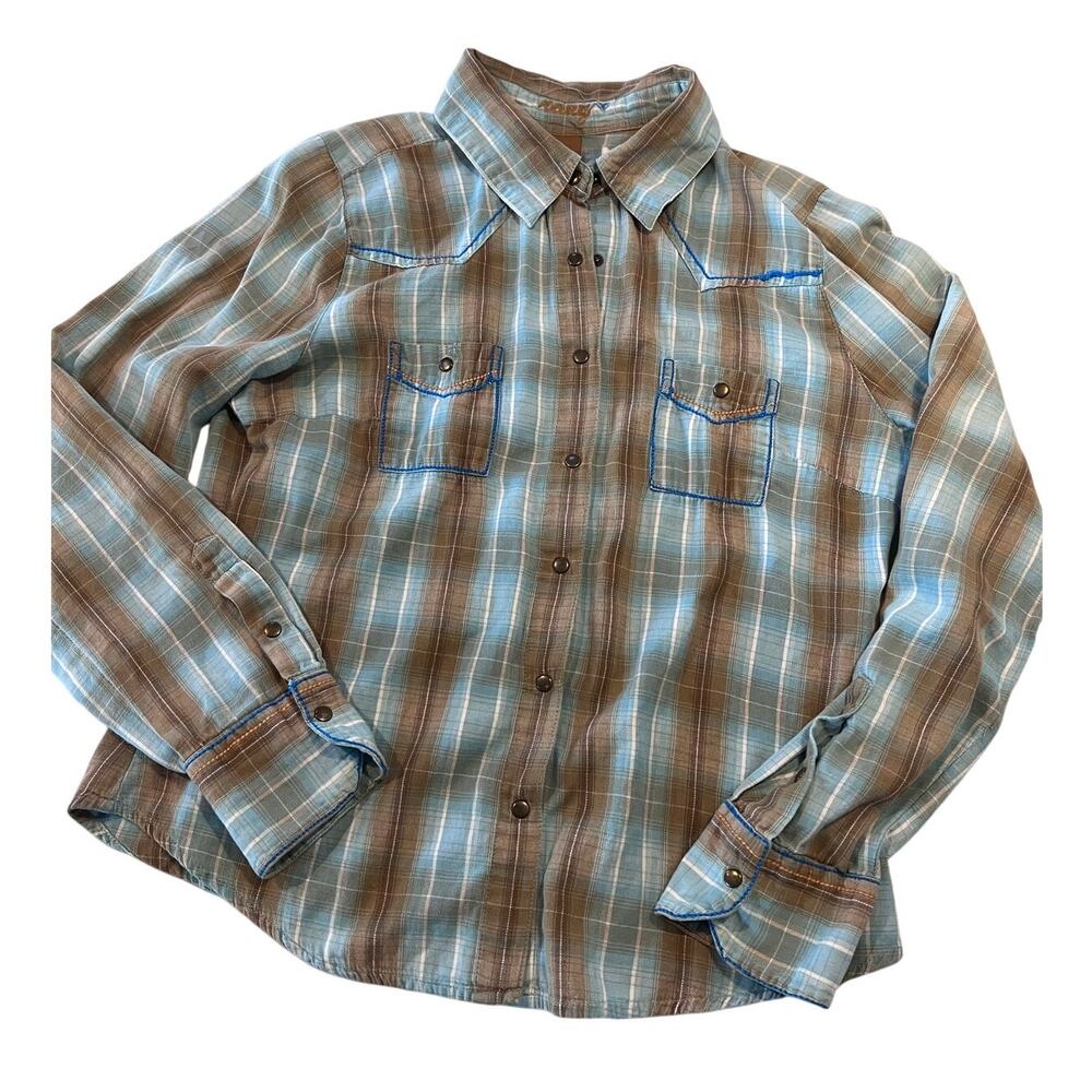 Roxy Y2K Plaid Western Snap Shirt Floral Embroidered Back Cotton L (Runs Small)